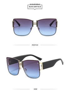 Detail view of square sunglasses with C6 black grey blue gradient lenses and gold H logo