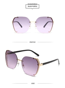 Fashion square half-frame sunglasses with gradient black purple lenses and gold side mesh