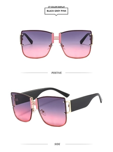Detail view of square oversized sunglasses with gradient lenses and H-shaped gold temple hardware