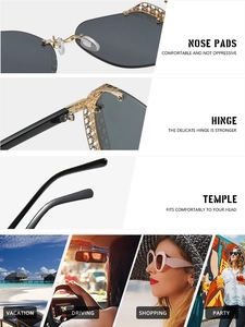 Close-up of golden hollow metal hinges and grey lenses on stylish square sunglasses