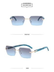 Detailed views of rimless square sunglasses with blue gradient lenses and striped temples