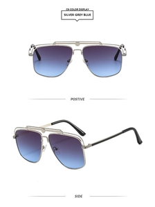 Detail view of aviator sunglasses with silver metal double bridge and blue gradient lenses
