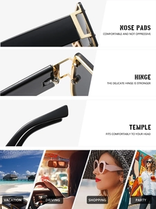 Close-up of comfortable nose pads and reinforced metal hinges on fashion sunglasses