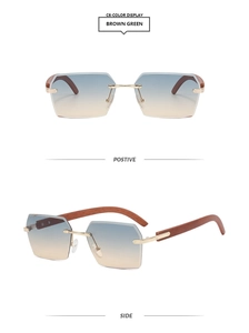 Detail of rimless square sunglasses with brown green lenses and wooden temples