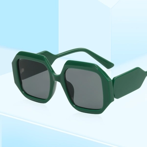 Fashionable oversized dark green square sunglasses with geometric frames and dark lenses