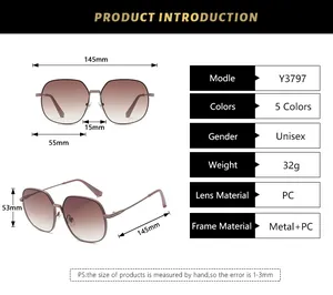 Detailed size guide and technical specifications for square metal frame sunglasses