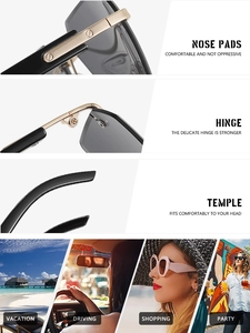 Detail view of square rimless sunglasses showing durable hinges and versatile use cases