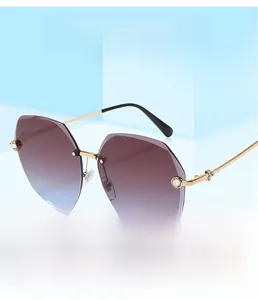 Detail of rimless polygon sunglasses with purple gradient lenses and rhinestone temples