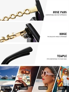 Detail of square oversized sunglasses with gold chain temples and lifestyle usage scenes