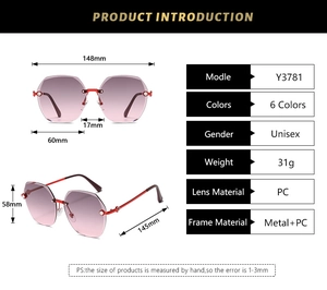 Detailed size chart for rimless polygon sunglasses with dimensions and frame specs