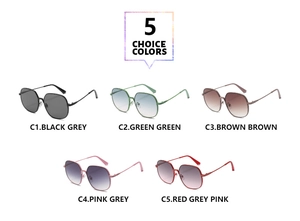 Flat lay of vintage square metal sunglasses in black, green, brown and pink gradient lenses