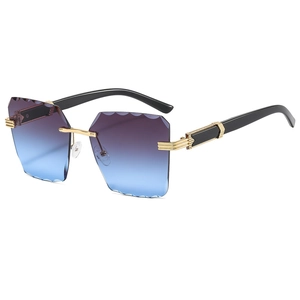 Fashionable rimless square sunglasses with purple gradient lenses and gold metal temples