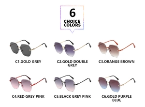 Detailed grid of rimless octagonal sunglasses in six various gradient color lenses