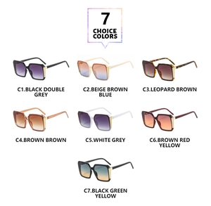 Detail showing 7 stylish square frame sunglasses in multiple colors with metallic accents
