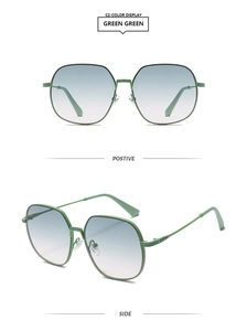 Detail of green hexagonal metal sunglasses with gradient lenses and rhinestone accents