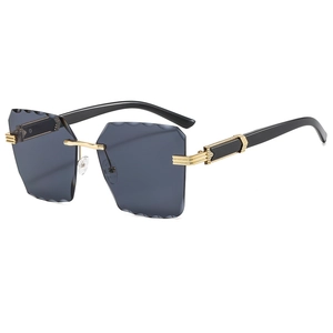 Fashionable rimless square sunglasses with wave-cut gradient lenses and gold metal temples