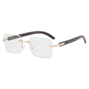Frameless luxury hexagonal sunglasses with gold metal accents and dark grey wood grain arms