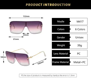Guía de tallas con dimensiones para gafas de sol cuadradas de gran tamaño con detalles