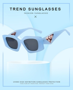 Detail of square light blue frame sunglasses with triangle tortoiseshell temple design
