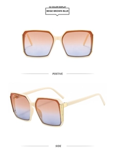 Front and side macro views of square beige sunglasses with gradient brown blue lenses