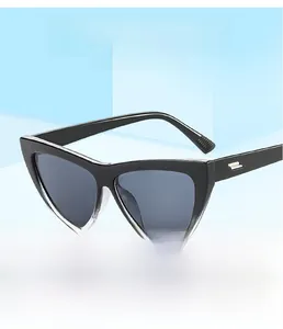 Detail of cat eye sunglasses with gold metal hinges and dual-tone black and clear frames