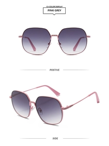 Detailed views of pink metal square sunglasses with gradient lenses and rhinestone accents