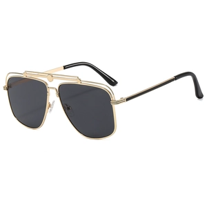 Fashion double bridge aviator sunglasses with gold metal frame and dark lenses