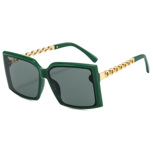 Fashionable square dark green sunglasses with designer hollow gold chain metal temples