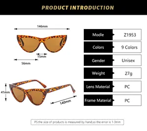 Detailed size chart for cat eye sunglasses with frame width and arm length measurements