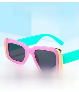 Detail of pink rectangular frames with mint green temples and gold metal accents