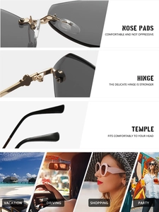Detail view of adjustable nose pads, metal hinges and black temples of rimless sunglasses