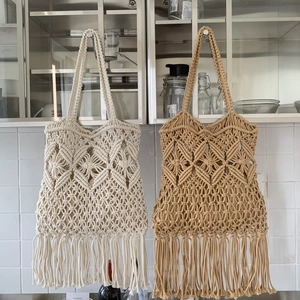 Handmade crochet tote bags with fringe and hollow pattern in off-white and light brown