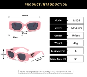 Detailed view of pink rectangular sunglasses with triangle logo and dimensions