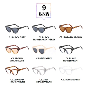 Detailed color chart showing nine stylish cat-eye frames in various trendy finishes
