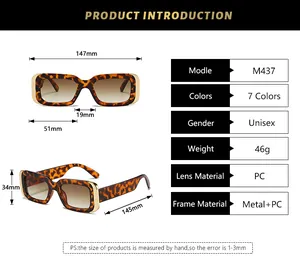 Detailed size specifications and measurements chart for candy-colored square sunglasses