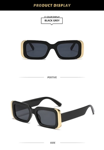 Front and side view of square black sunglasses with gold metal decorative accents