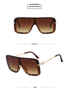 Detalle de gafas de sol cuadradas de leopardo con patillas doradas y lentes degradadas