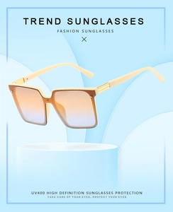 Detail of square oversized cream sunglasses with UV400 gradient lenses on display