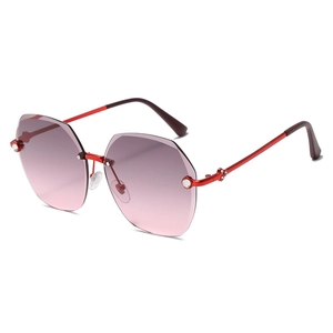 Octagonal rimless sunglasses with pink gradient lenses and red metal frame