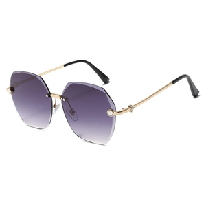 Fashionable rimless polygon sunglasses with gradient purple lenses and gold metal arms