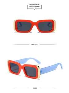 Detailed front and side views of luxury rectangular sunglasses in red and blue colors