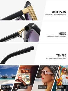 Detail view of square sunglasses with reinforced gold hinges and ergonomic temples