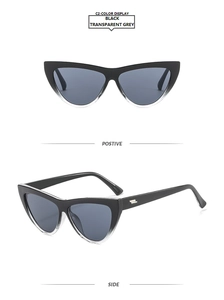 Detail of cat eye sunglasses showing black to transparent grey gradient frames and silver metal trim