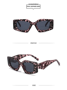 Detail view of square leopard print sunglasses with thick temples and metal triangle decor