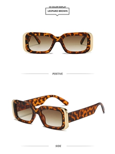 Detail of leopard brown square sunglasses with gold metal accents and gradient lenses