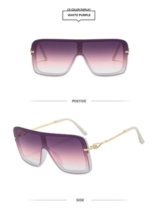 Detalle de las gafas de sol cuadradas blancas de gran tamaño con lentes degradadas moradas