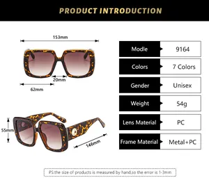 Size chart showing 153mm frame width and specific measurements for square sunglasses