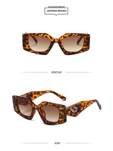 Detail view of leopard brown geometric sunglasses with gradient lenses and side trim