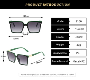 Detailed size specifications for square oversized candy color fashion sunglasses with gradient lenses