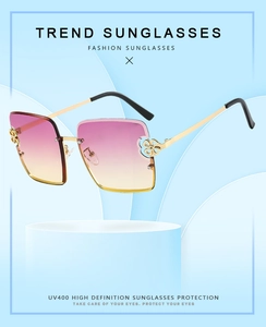 Détail des lunettes de soleil sans monture carrées avec verres dégradés et charnière fleur